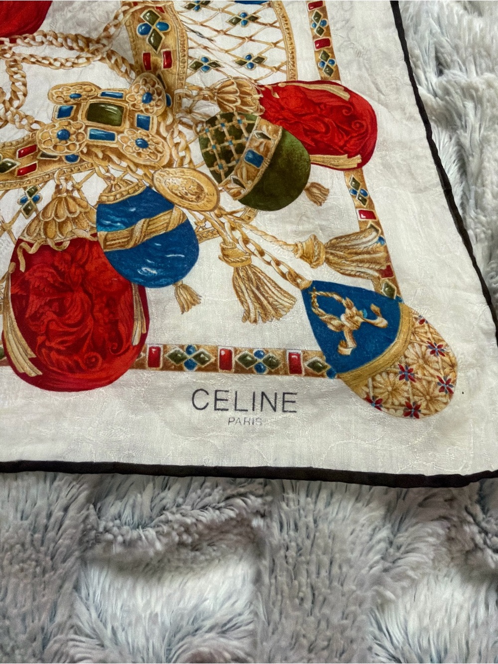 Celine Silk Scarf in Red, Blue, Gold & Green